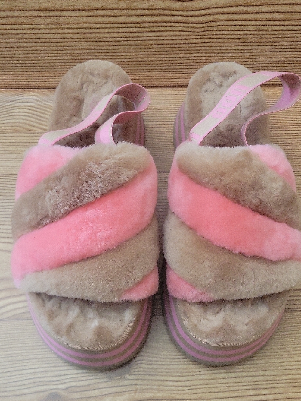 UGG Pink and Beige Faux Fur Platform Slide Sandals - Women